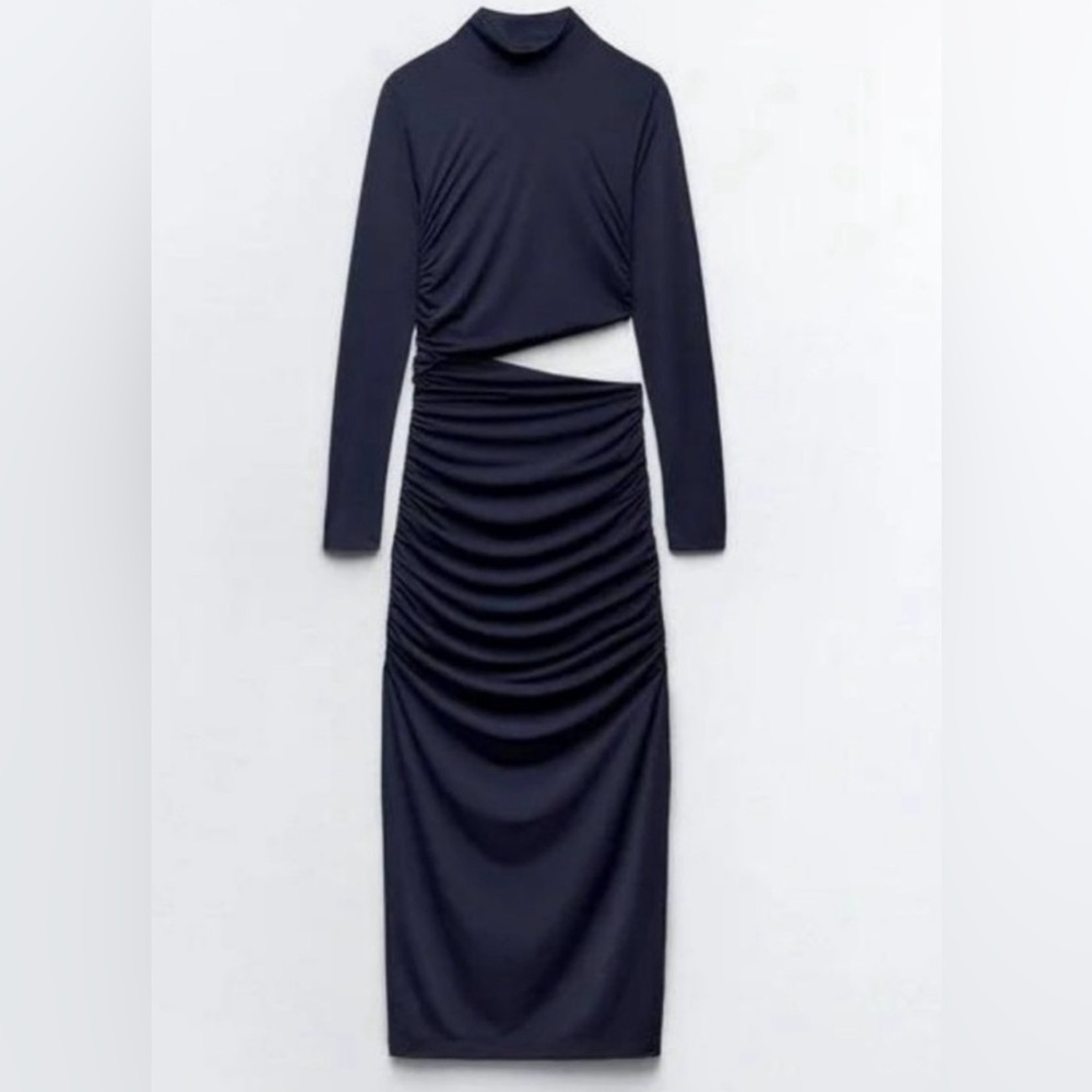 NWT Zara Elegant Navy Blue Long Sleeve Cut-Out Dress, Size Medium
